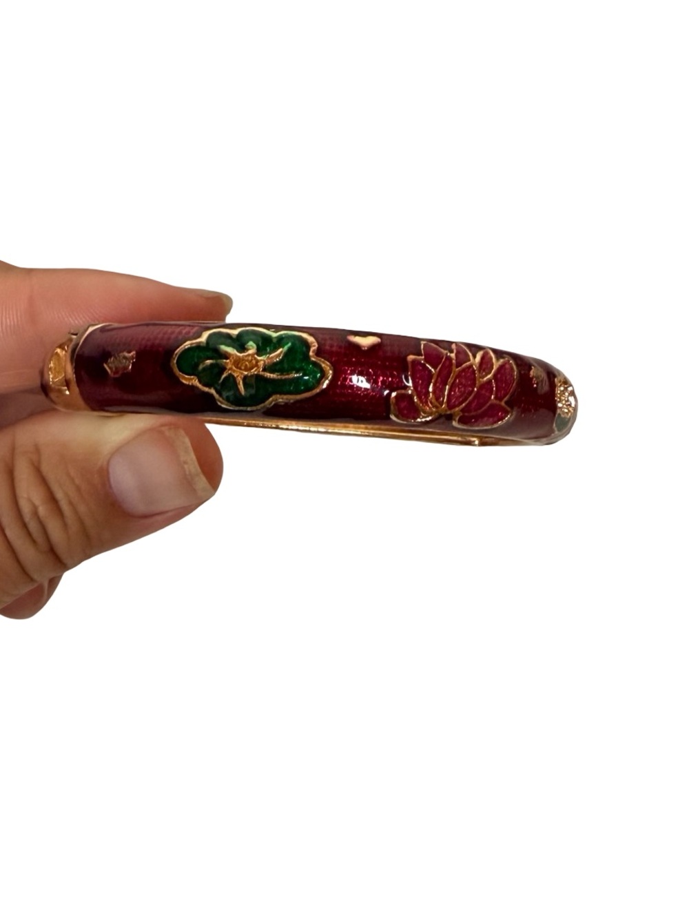 Jiu Long Xing Bengal Red Cloisonne Enamel Lotus Floral Hinged Bangle Bracelet - Picture 4 of 8